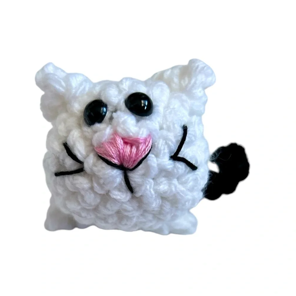Hand Crafted Colorful Black & White Sitting Kitty Figurine Crochet Amigurumi